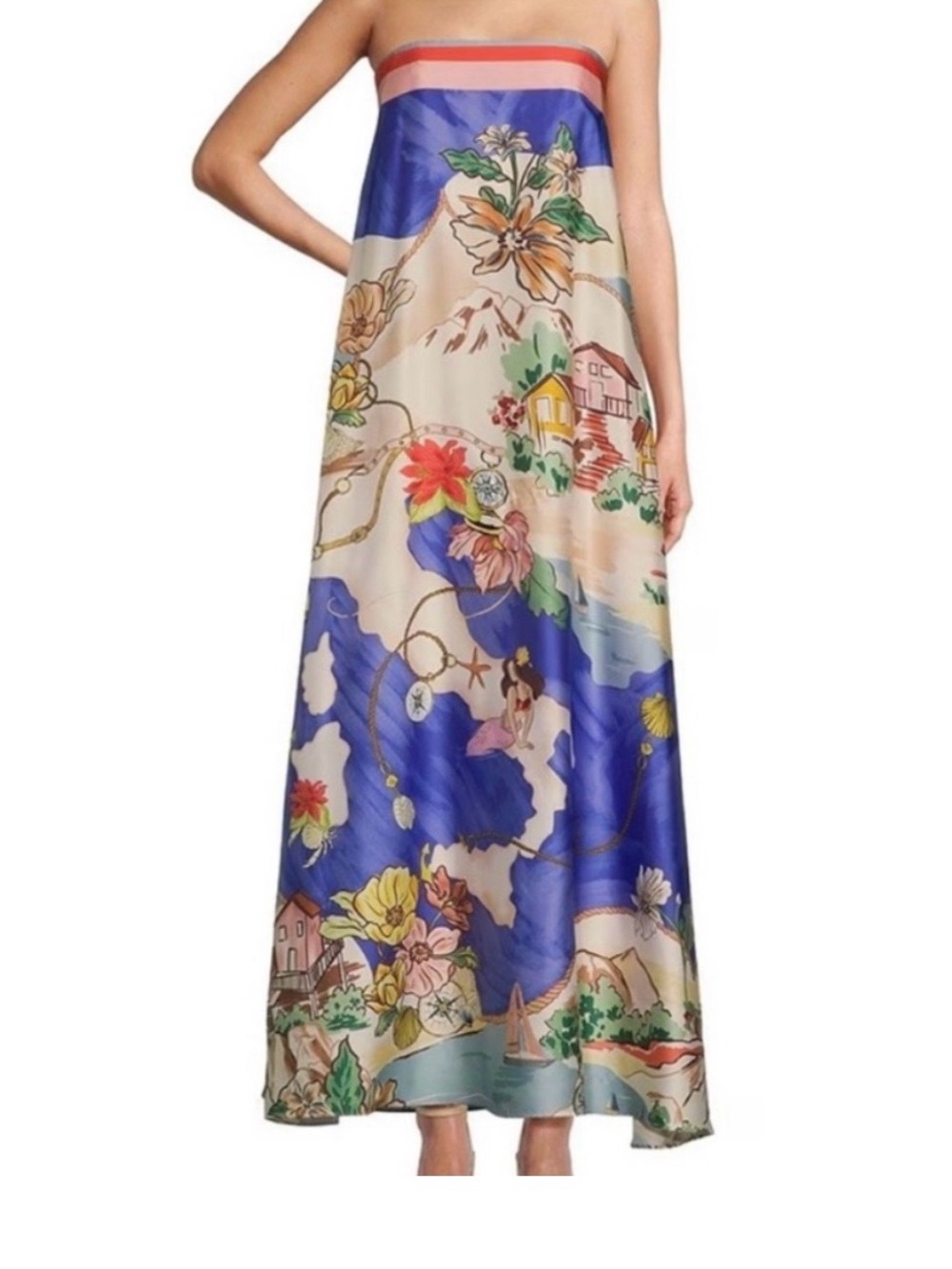 ANTONIO MELANI Blue, Cream & Multicolor Strapless Maxi Dress